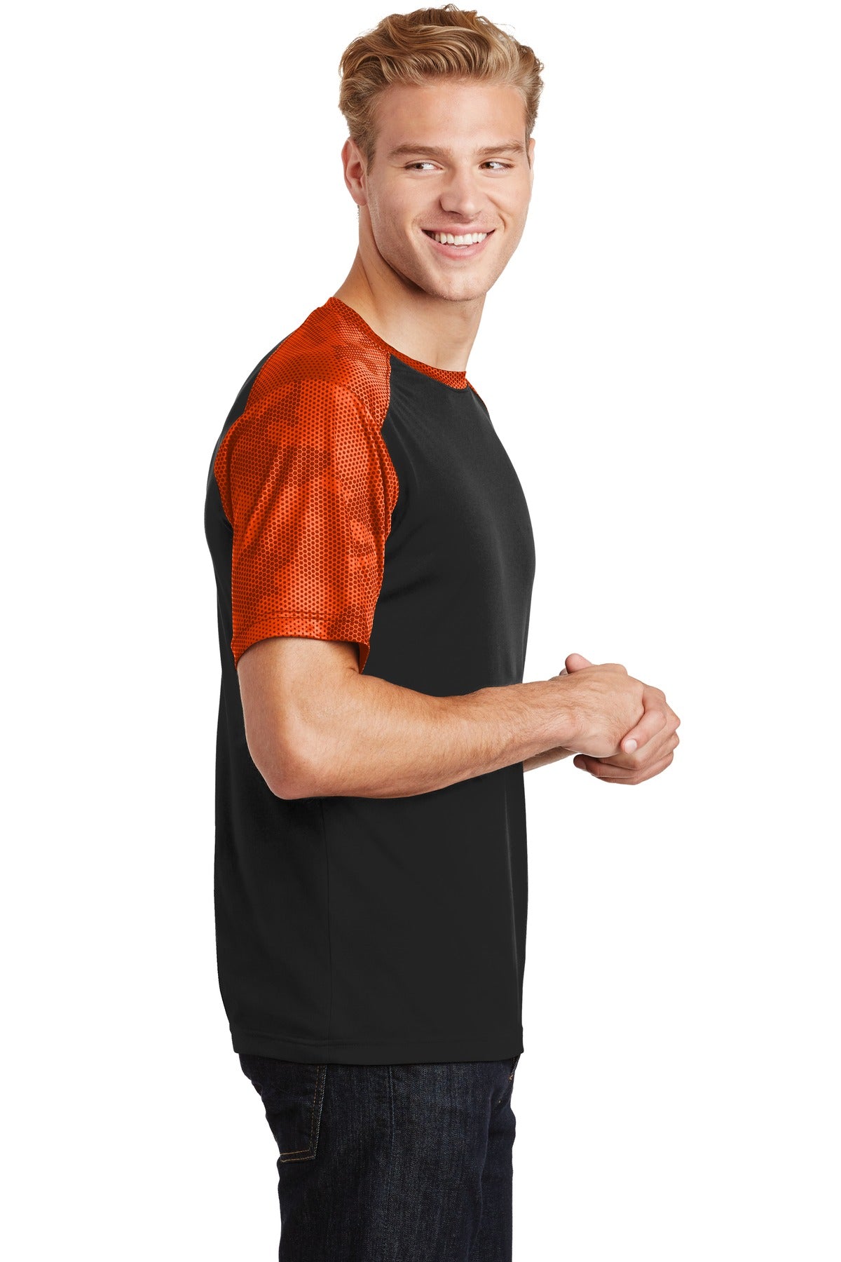 Black/Neon Org Sport-Tek CamoHex Colorblock Tee. ST371